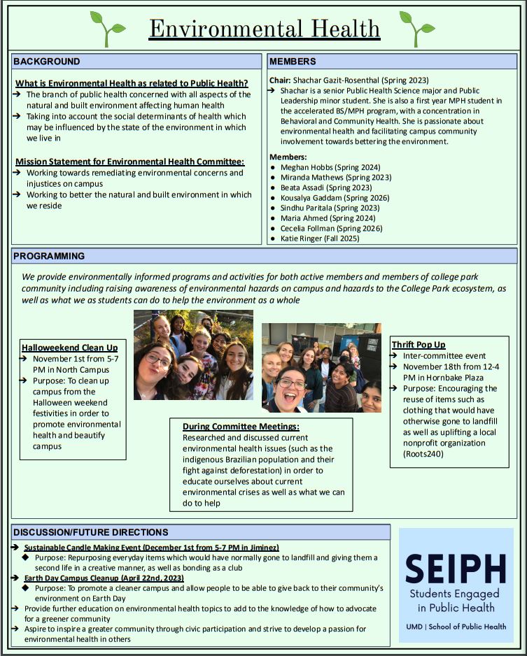SEIPH Committee Poster detailing how Environmental Health is relevant to Public Health