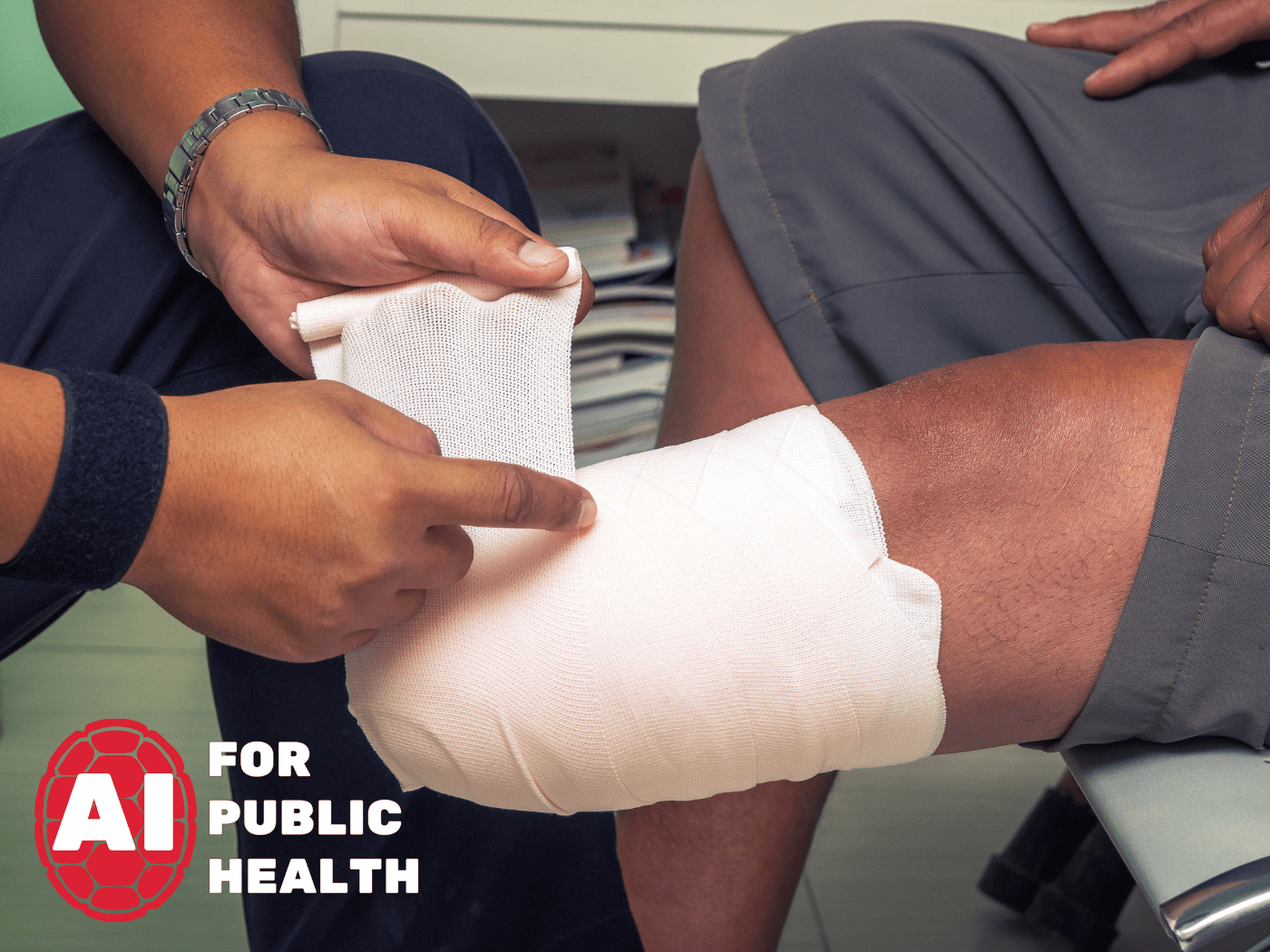 amputated leg is wrapped in bandages plus AI For Public Health logo