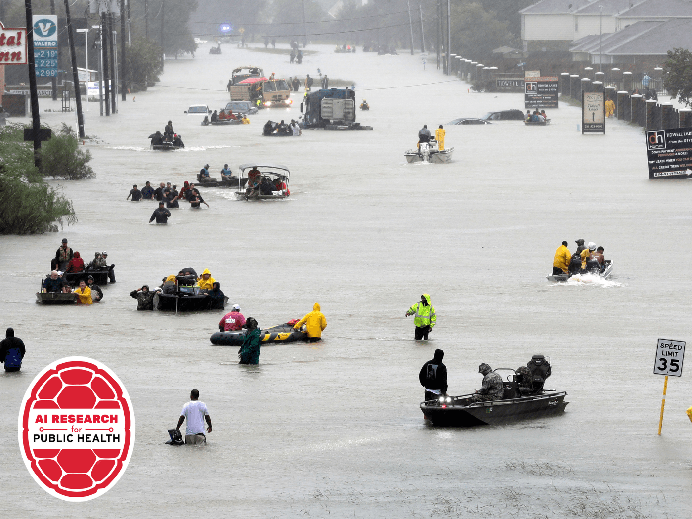flooded street in USA with AI Public Health sticker on bottom left