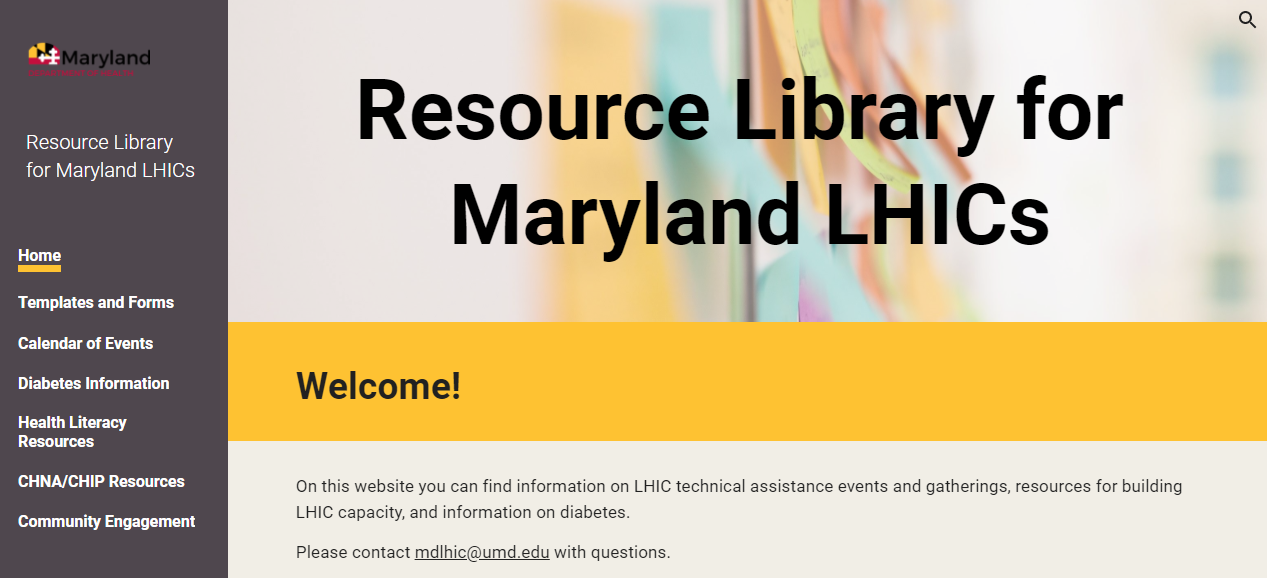 Screenshot of a webpage for the Resource Library for Maryland LHICs.