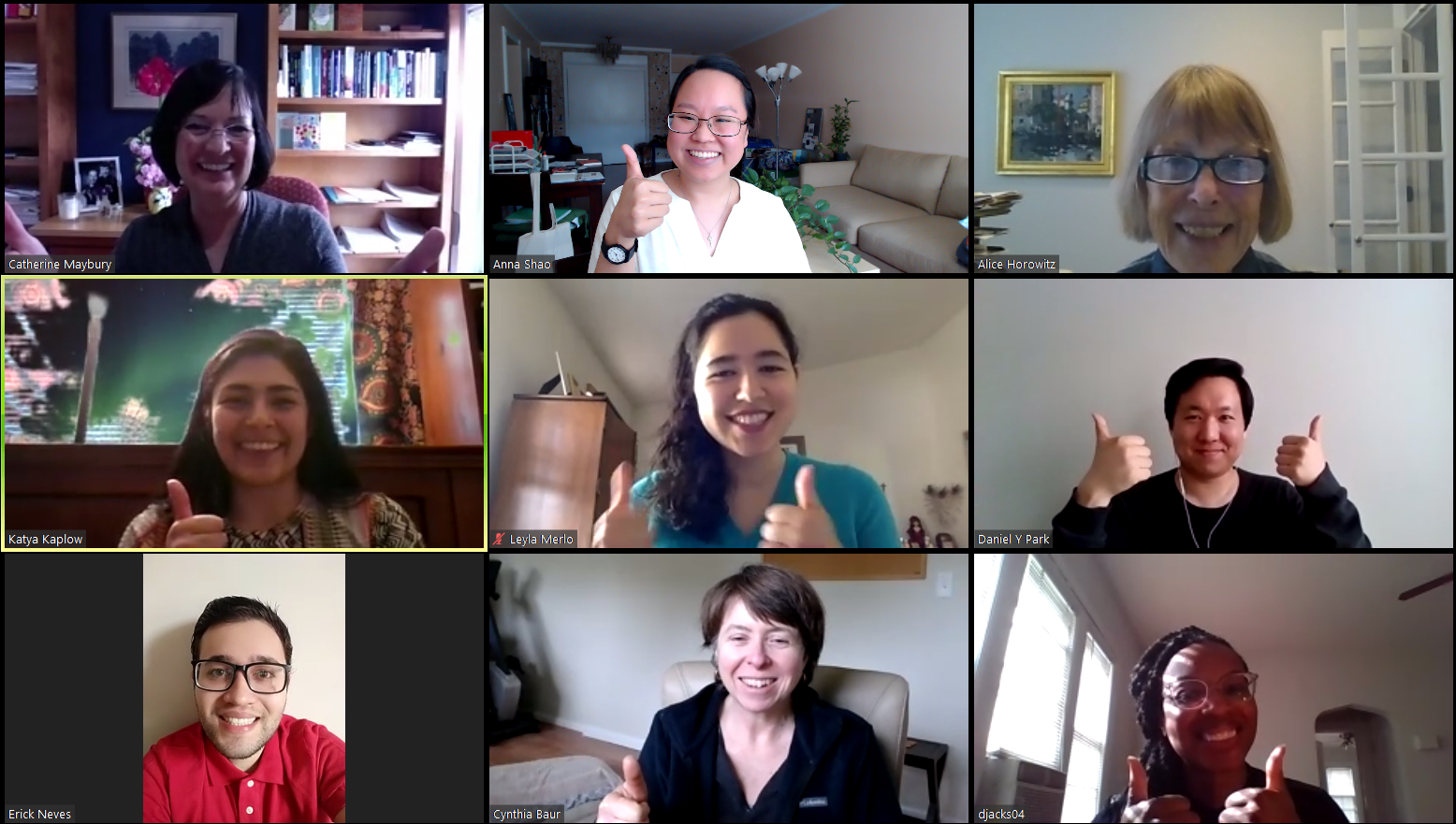A zoom call with nine people smiling and giving the "thumbs-up" sign.