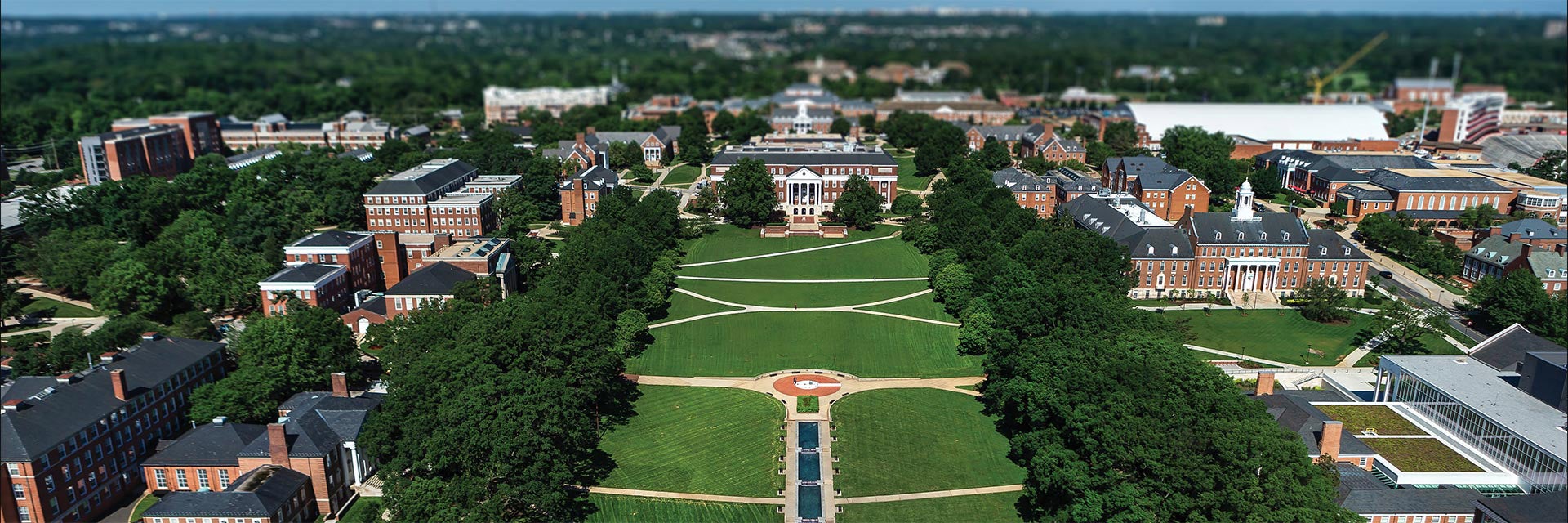 Aerial view of the Mall looking towards McKeldin Library, with a tilt-shift filter. 