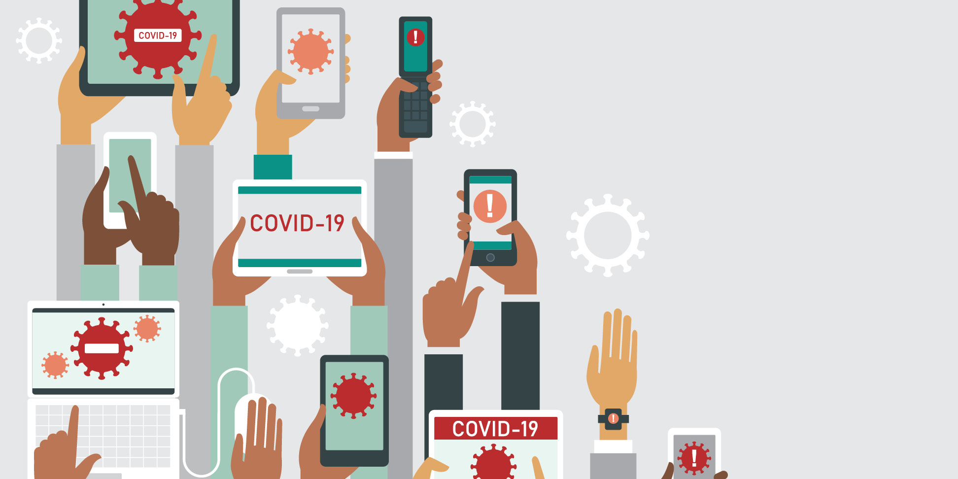 COVID-19  2019-nCoV concept. Human hands holding various smart devices with coronavirus alerts on their screens. flat vector illustration