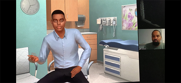 Screenshot of the CHAIR computer simulation, a computer generated man sits in a doctor's office