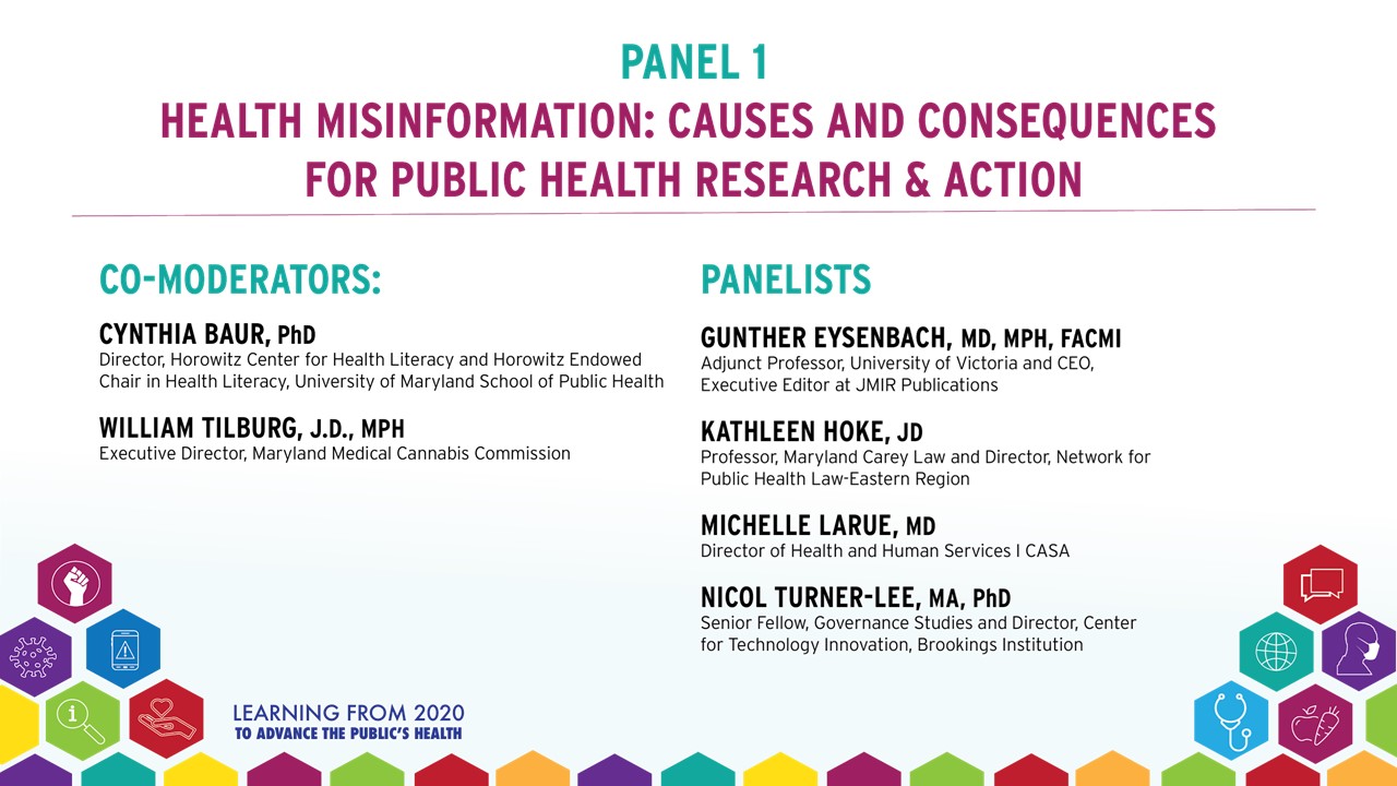 Slide from PHRM 2021 introducing panel moderators and panelists. Panel name: Health Misinformation: Causes and Consequences for Public Health Research and Action