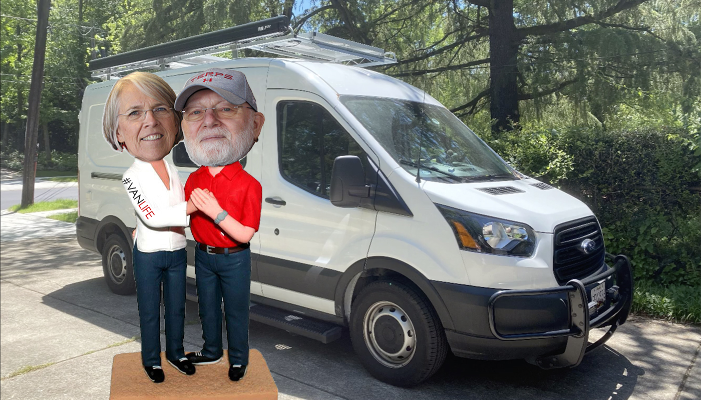 Images of Bob and Barbara Gold placed on an illustration of bobblehead bodies stand next to their white Ford cargo van.