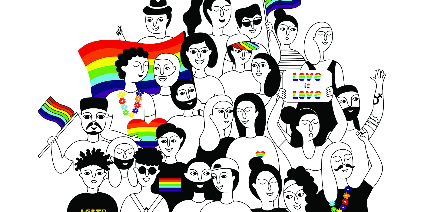 Illustration of LGBTQ people with pride flags
