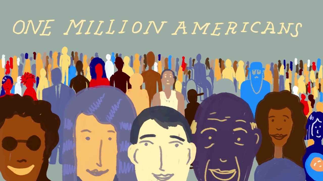 cartoon drawing of a crowd beneath a banner that reads "one million Americans"