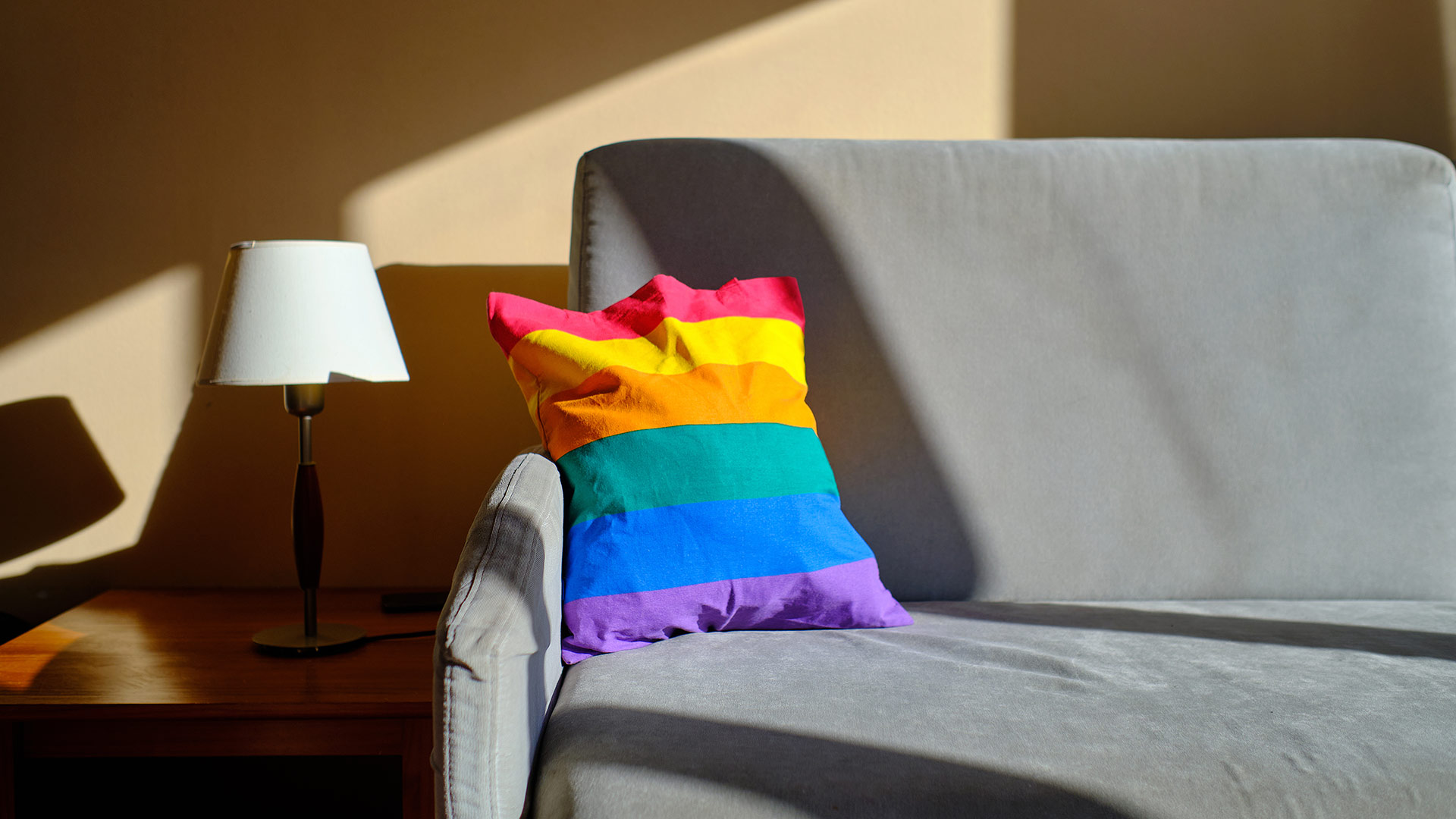 Gray sofa with rainbow throw pillow, sunlight from window illuminates the sofa and wall