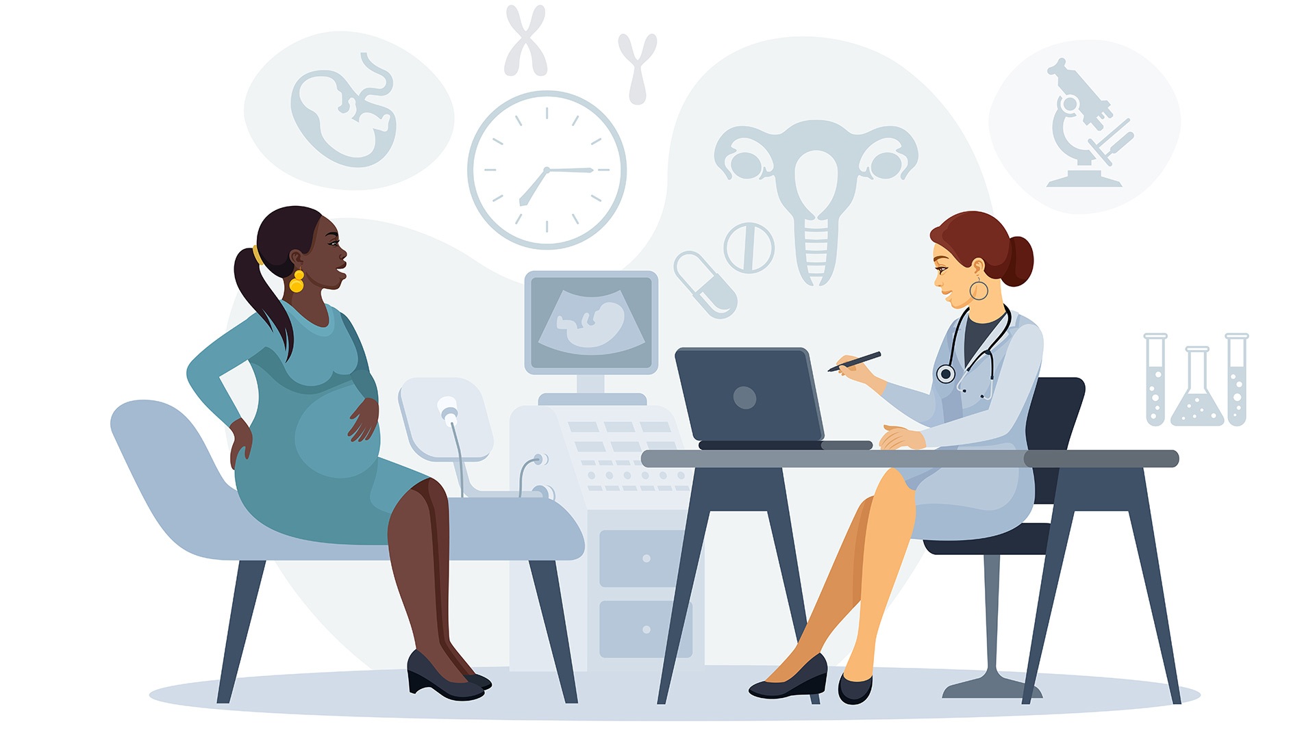 Illustration of a pregnant woman sitting in a chair across from a female doctor who is sitting at a desk and looking at a laptop computer.