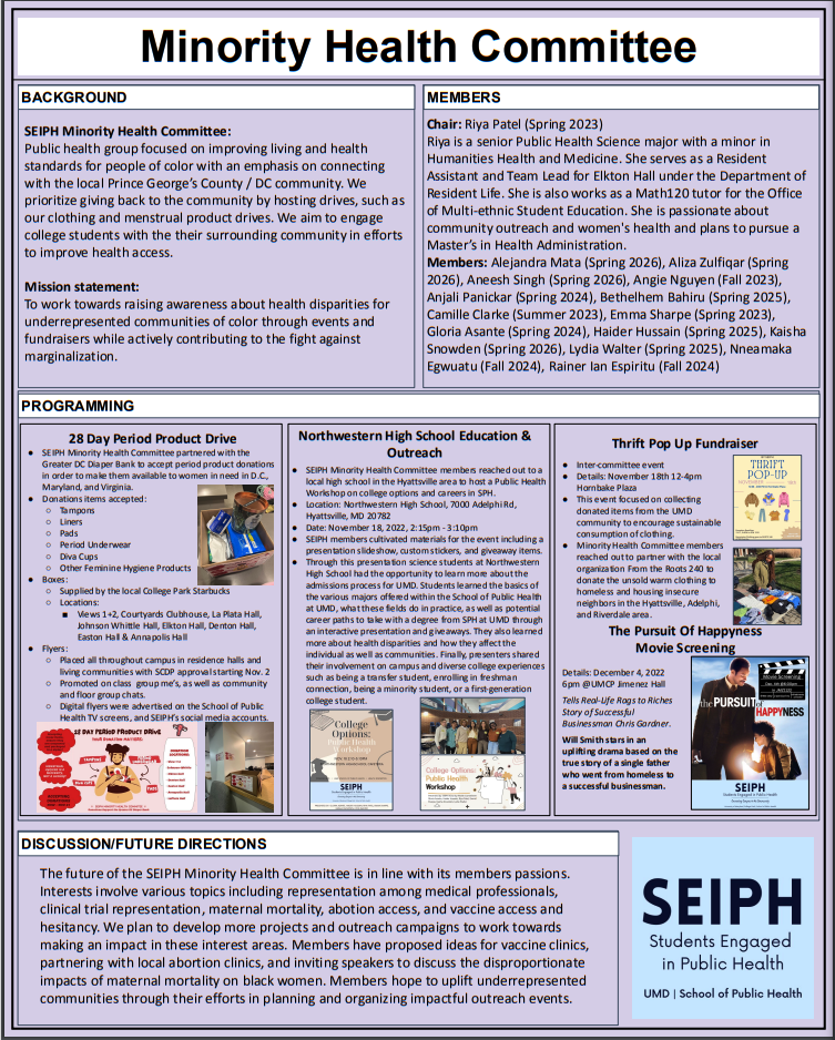 SEIPH Committee Poster detailing how Minority Health is relevant to Public Health