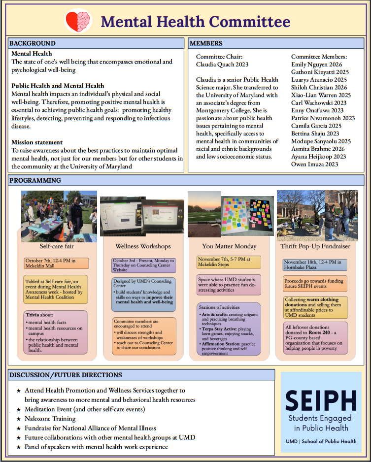 SEIPH Committee Poster detailing how Mental Health is relevant to Public Health