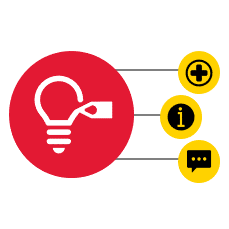 Icons indicating feedback on the hub. Lightbulb being drawn by pencil, health cross, information icon, dialogue icon.