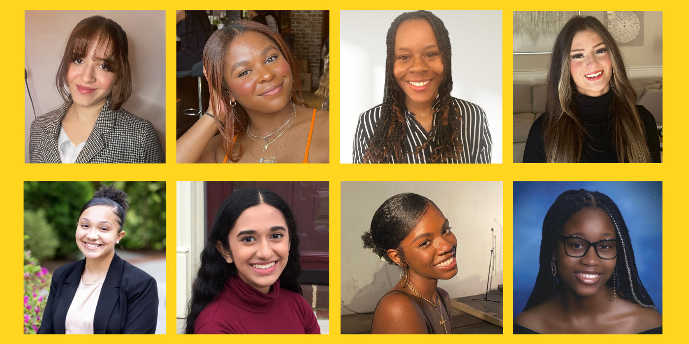Headshots of eight college students with yellow background.