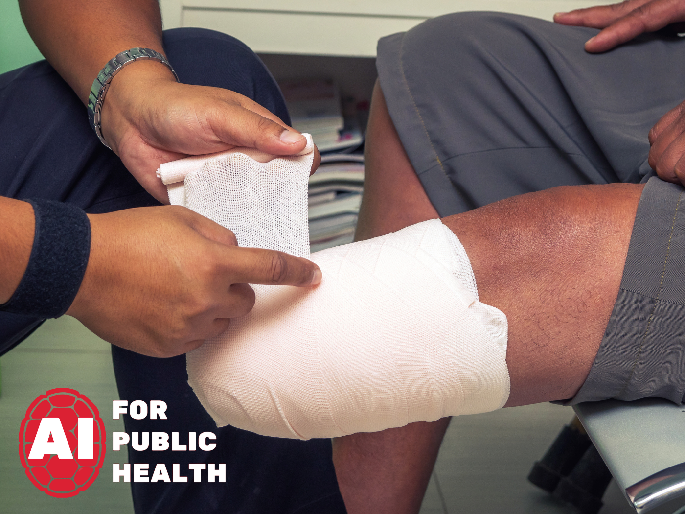 amputated leg is wrapped in bandages plus AI For Public Health logo
