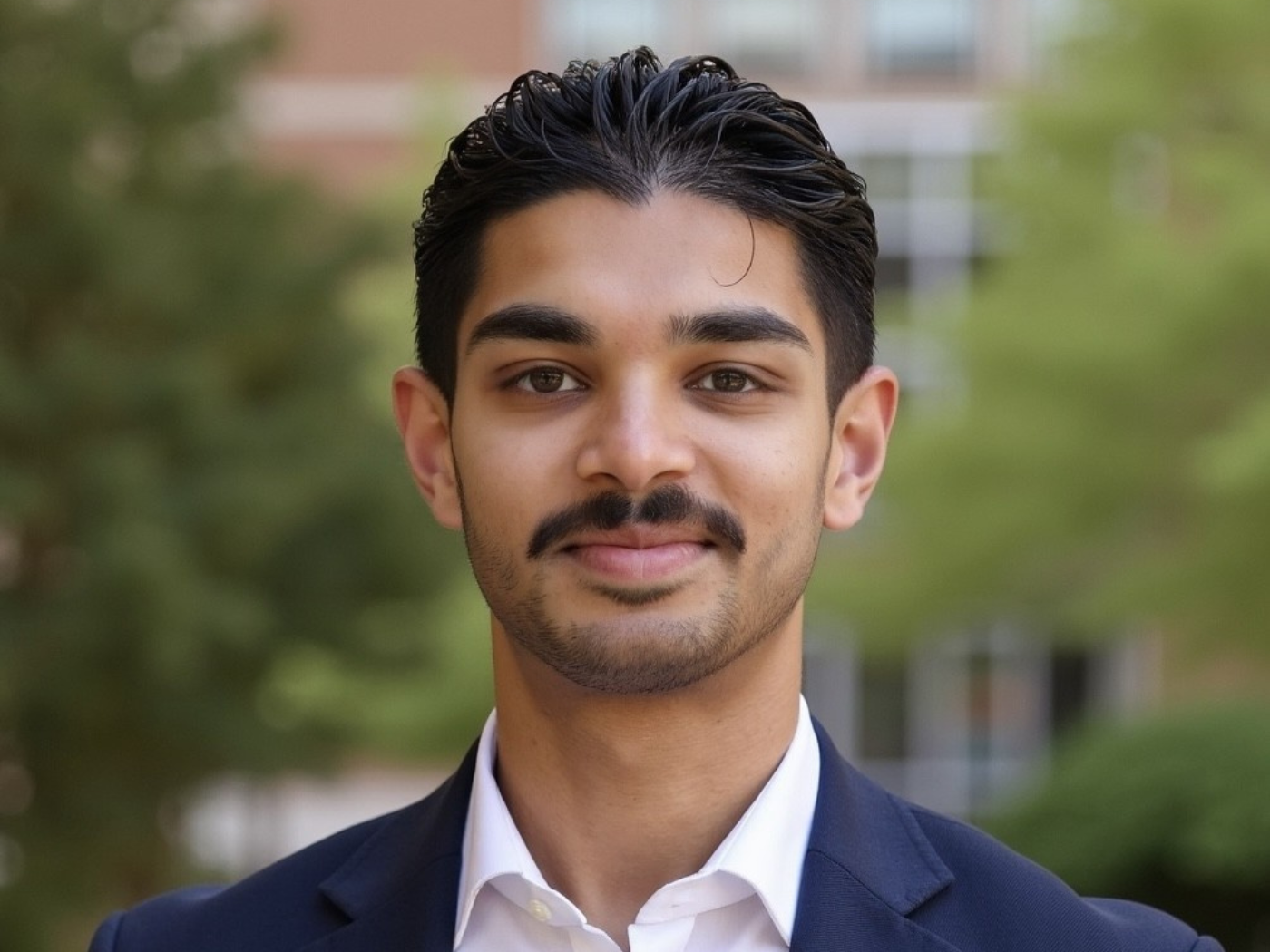 Young brown man with moustache smiles to camera, wearing a dark suit with a white shirt, in front of trees blurred in background