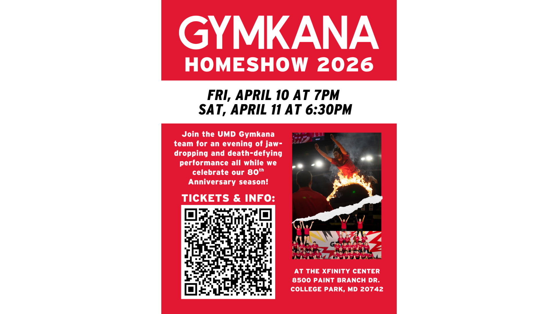 Red background with white writing on poster for Gymkana troupe Home Show April 2026