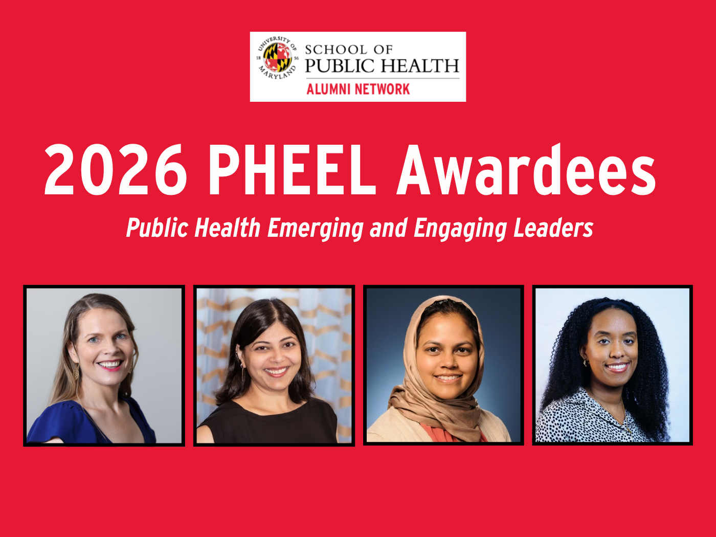 Graphic red background with SPH logo and words “PHEEL Awardees” with headshots of 4 women