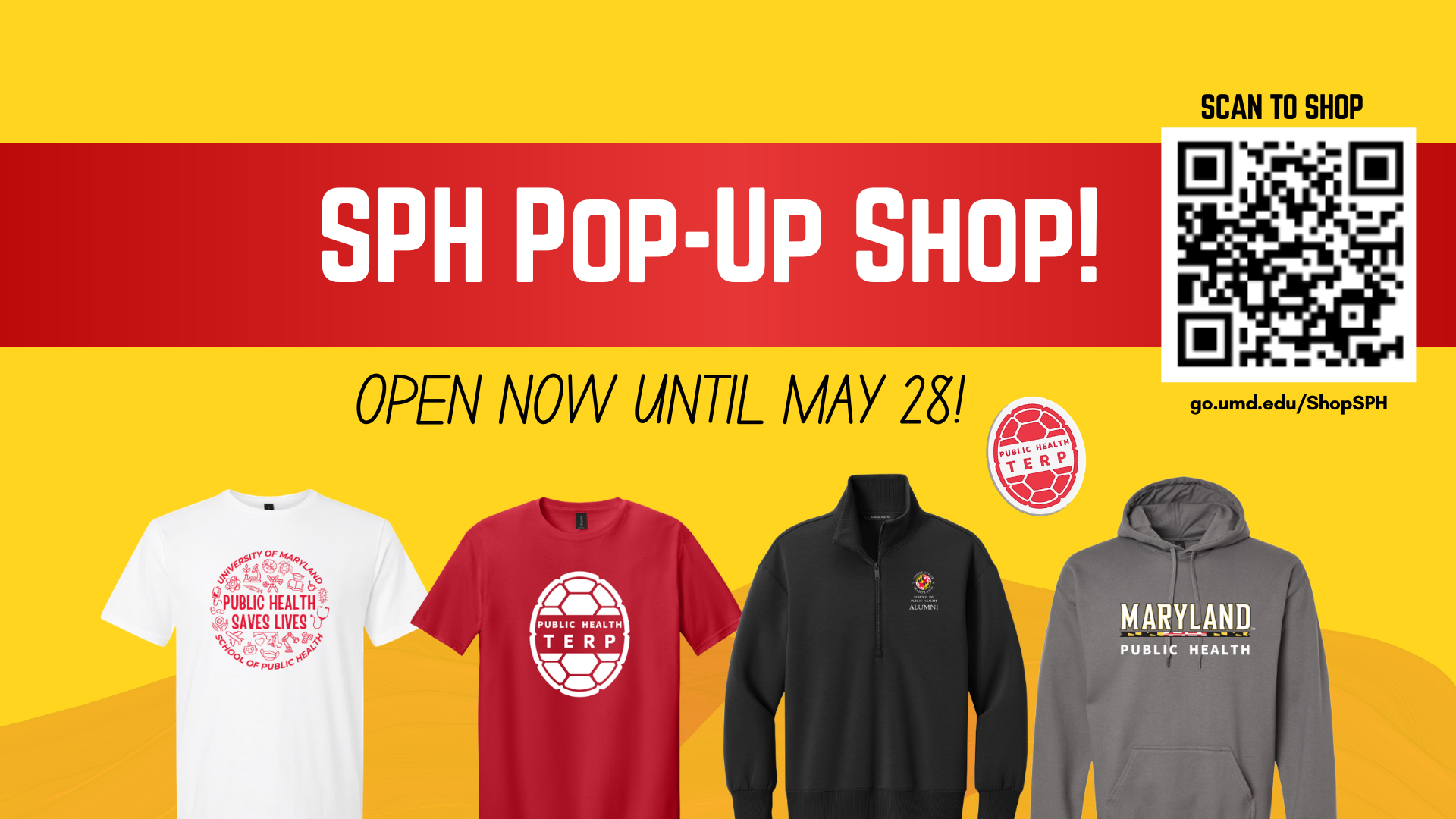 SPH Pop Up shop flyer that includes four different shirt designs and a QR code that leads the shop with a subheader that explains the virtual shop is open until May 28, 2026
