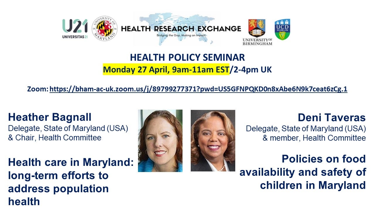 Health policy seminar talks by Delegates Heather Bagnall and  Deni Taveras April 29 at 9am eastern time