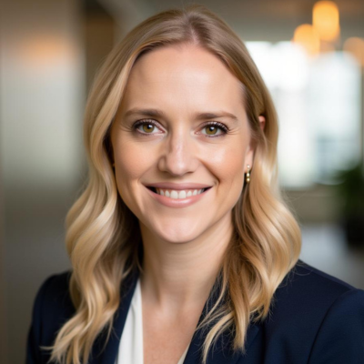 Blonde hair woman in business attire.
