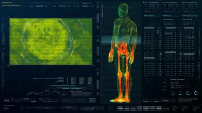 Digital interface showing a full-body scan and diagnostic data visualizations.