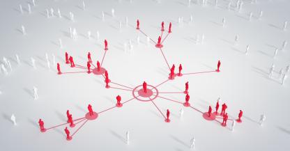 Network graphic showing people connected to a central point.