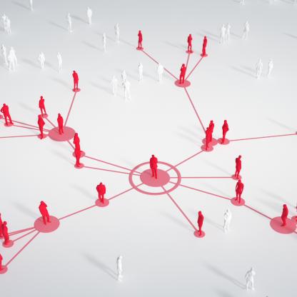 Network graphic showing people connected to a central point.