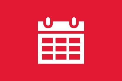 Icon of a calendar. White icon on red background.