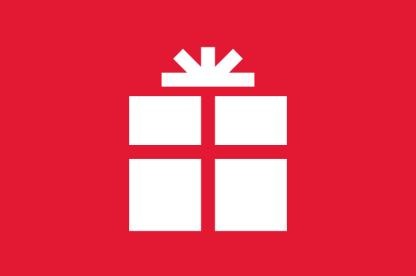Icon of a present box with a bow on top. White icon on red background.