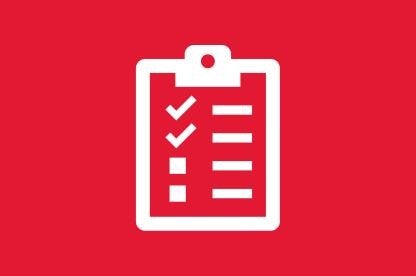 Icon of a half-completed checklist on a clipboard. White icon on red background.
