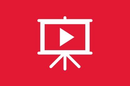 Icon of a play arrow on a poster presentation easel. White icon on red background.