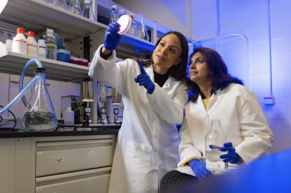 Two researchers in lab coats and gloves work together in a laboratory.
