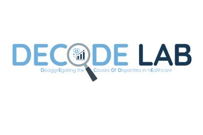blue lettering that spells out "DECODE LAB" in all caps with the O in decode visualized as a magnifying glass