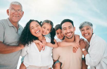 Family, generations and portrait, people in nature and smile with grandparents, parents and children bonding. Happiness, men and women with kids outdoor, love and trust with support