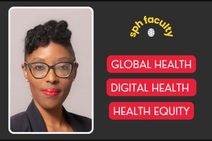 Black woman in glasses and dark suit top with title words to the right