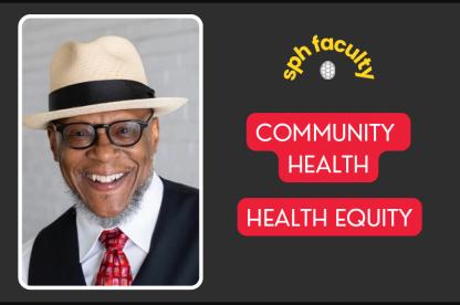 Info card with smiling black man in red tie and hat with title words to the right