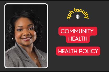 Portrait of Black woman wearing grey suit smiling to camera, with title words to the right