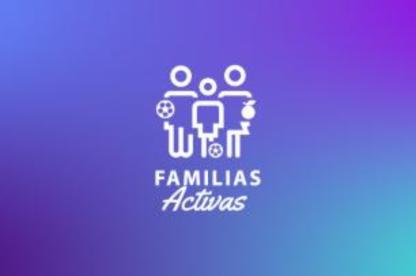 Blue-green smooth background with logo of parents and a child. Says FAMILIAS Activas