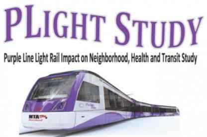 Logo with words PLIGHT STUDY Purple Line Light Rail Impact on Neighborhood, Health and Transit Study on top of a purple and white metro train