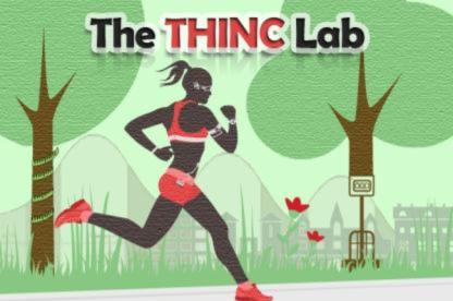 Illusrtation of Black woman jogging in a park with trees and buildings in background with words The THINC Lab