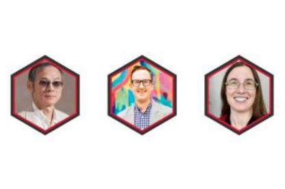 Three headshots displayed side by side inside hexagonal frames.