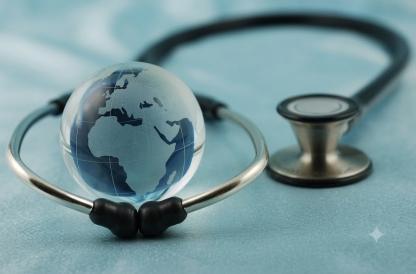 Globe wrapped in a stethoscope, representing global health.