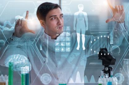 Illustration of man with health and technology images surrounding him