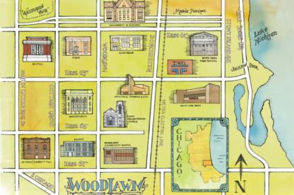 illustrated map of Woodlawn neighborhood in Chicago