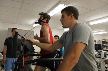 Kinesiology student Patrick Mullins '13 gets tested for VO2 max on treadmill.