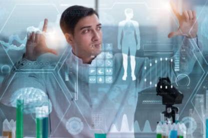Researcher interacting with a digital interface in a laboratory.