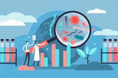 Scientists studying microorganisms through a large magnifying glass illustration.
