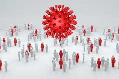 3D illustration of a large red virus particle surrounded by groups of gray and red human figures, representing the spread of infectious disease through a population.