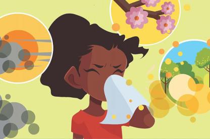 Illustration of a child sneezing into a tissue, surrounded by scenes of smoke, pollen, and outdoor greenery, representing environmental triggers for allergies or respiratory symptoms.